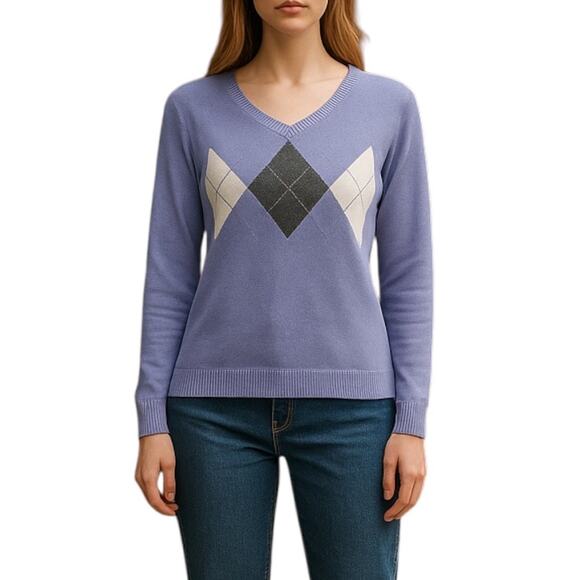 New York & Company Argyle V Neck Pullover Sweater Purple Size XS - Picture 2 of 8